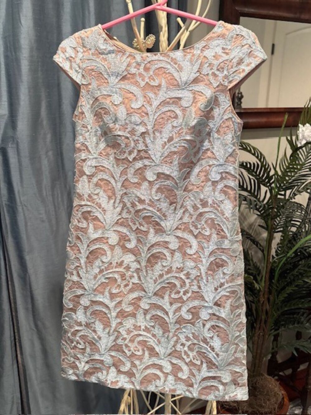ELIZA J  Special Occasion Beige Lace Blue Sparkly Overlay Dress Size 2